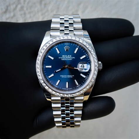 rolex oyster perpetual date blau|Rolex datejust 41 with diamonds.